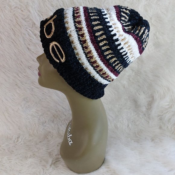 Bebe Women's Navy and Gold Knitted Hat One Size Fit All - Picture 3 of 7
